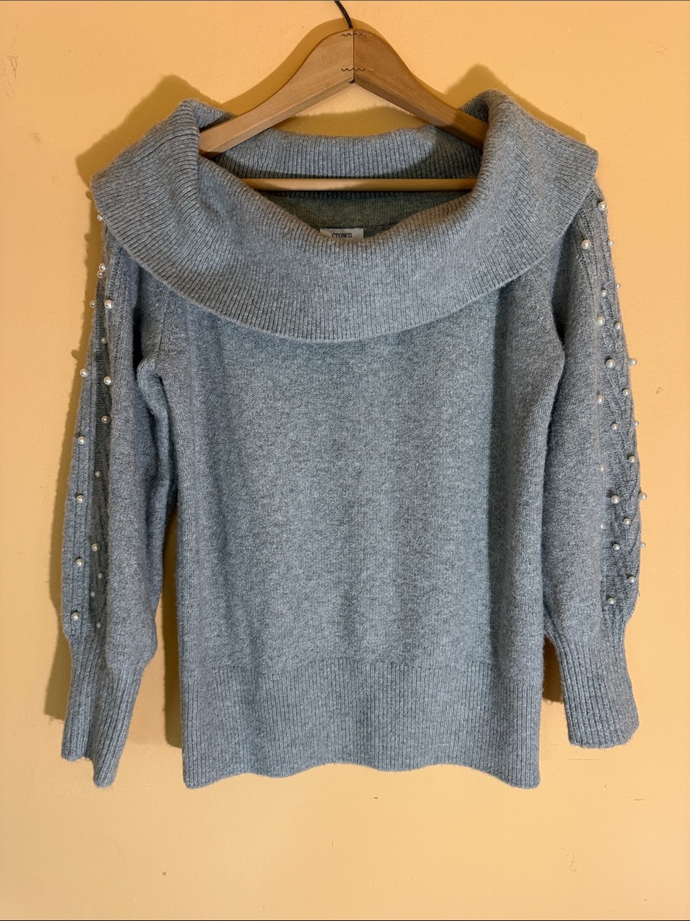 crown & ivy Light Gray Cowl Neck Sweater with Pearl-Embellished Sleeves